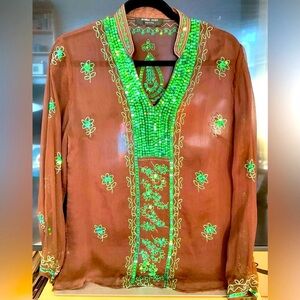 Donna Cody sheer brown with sparkling green sequins blouse